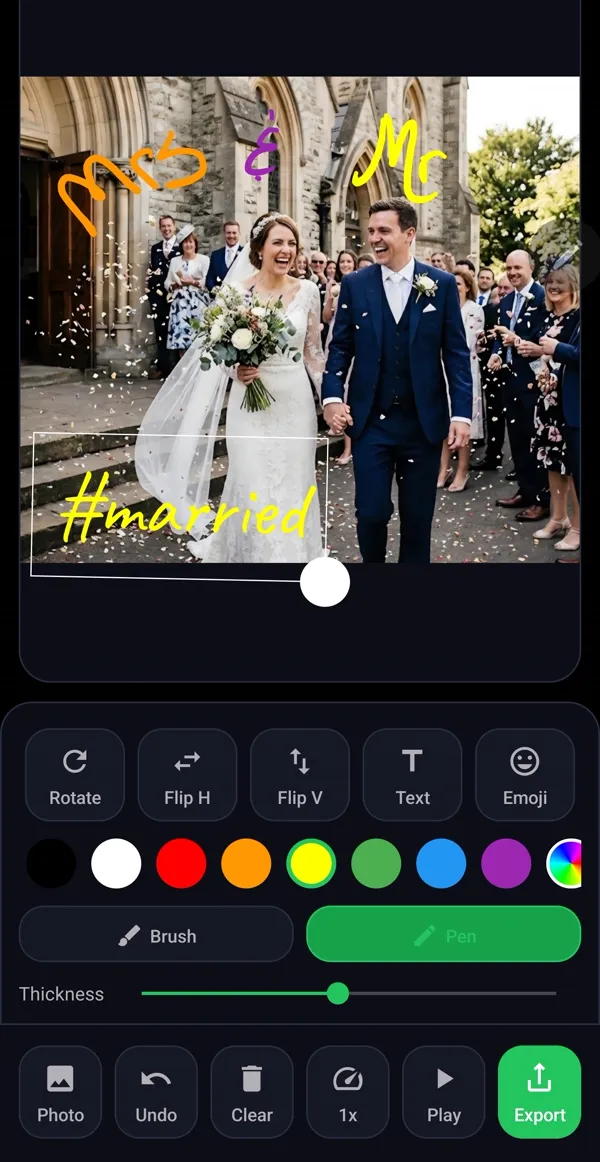 Strokara editor with pen, brush, text and emoji tools
